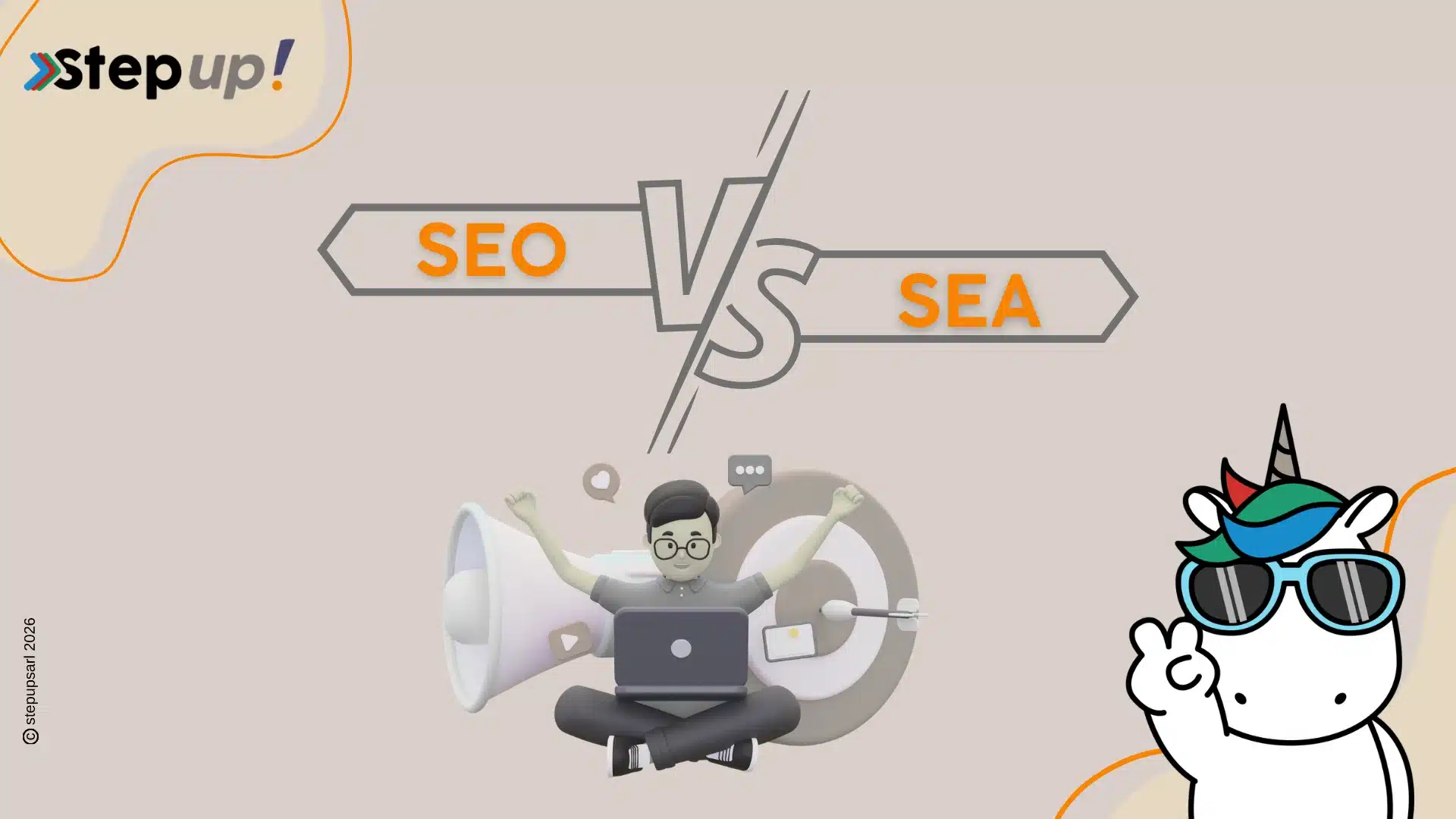 Comparaison SEO vs SEA pour l'acquisition de trafic web avec logo StepUp!