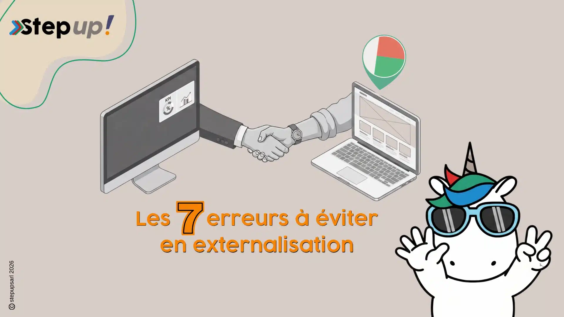 Vignette couverture : licorne et collaboration entre écrans avec texte des 7 erreurs d'externalisation marketing à Madagascar.