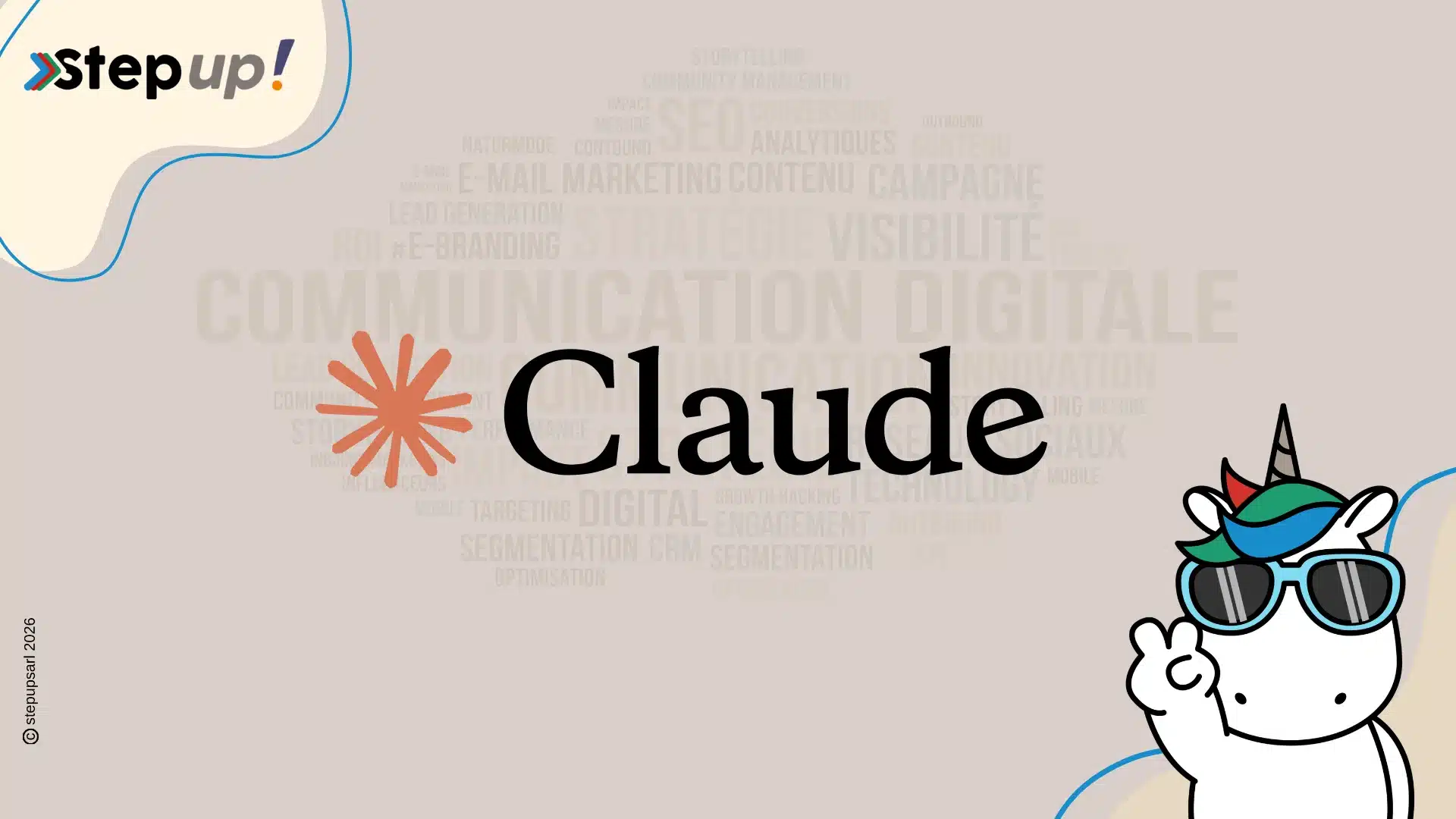 En-tête de l'agence Step Up avec le logo Claude AI et un nuage de mots sur la communication digitale.