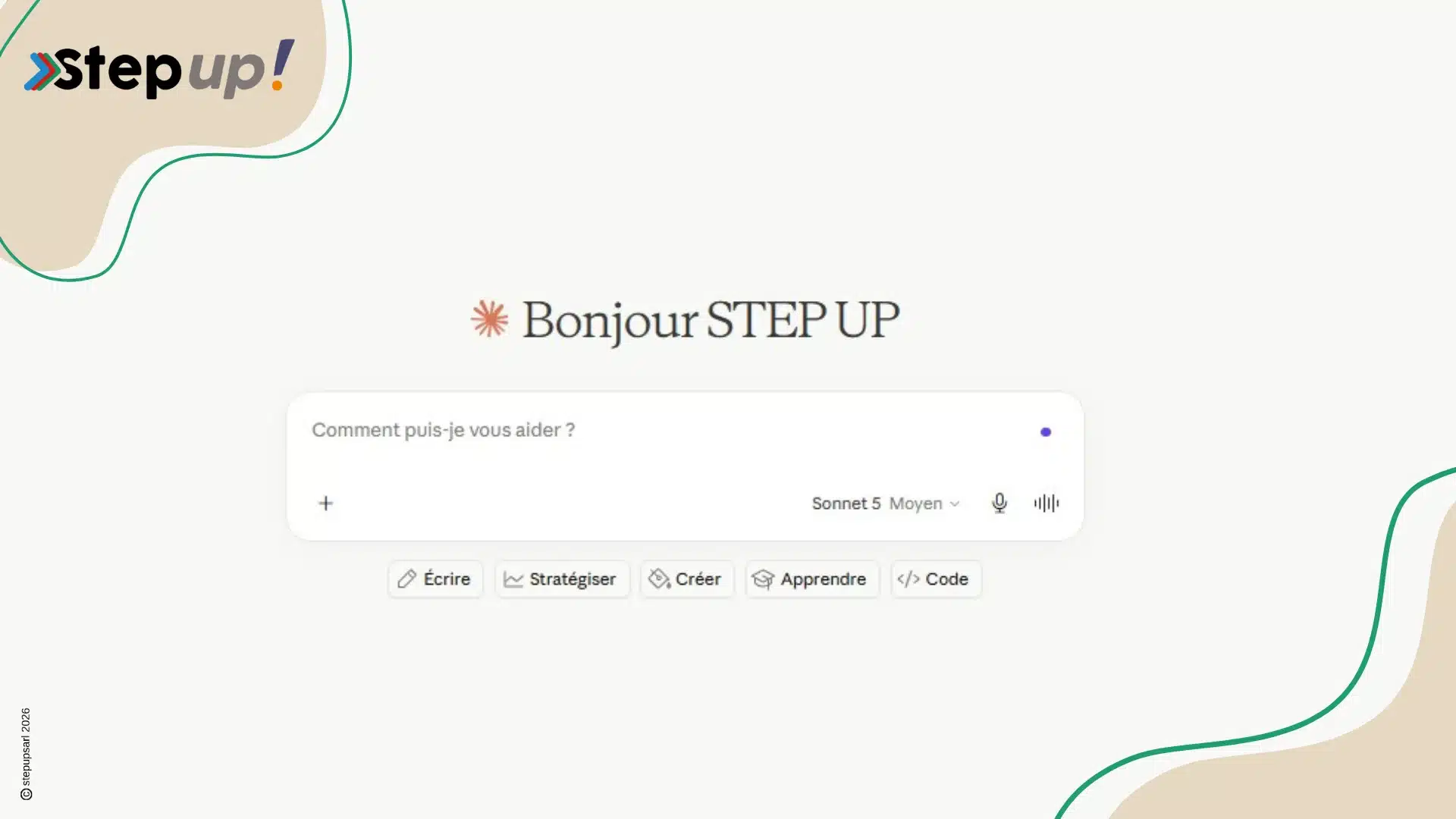 Capture d'écran de l'interface d'accueil de Claude AI personnalisée avec le message "Bonjour STEP UP".