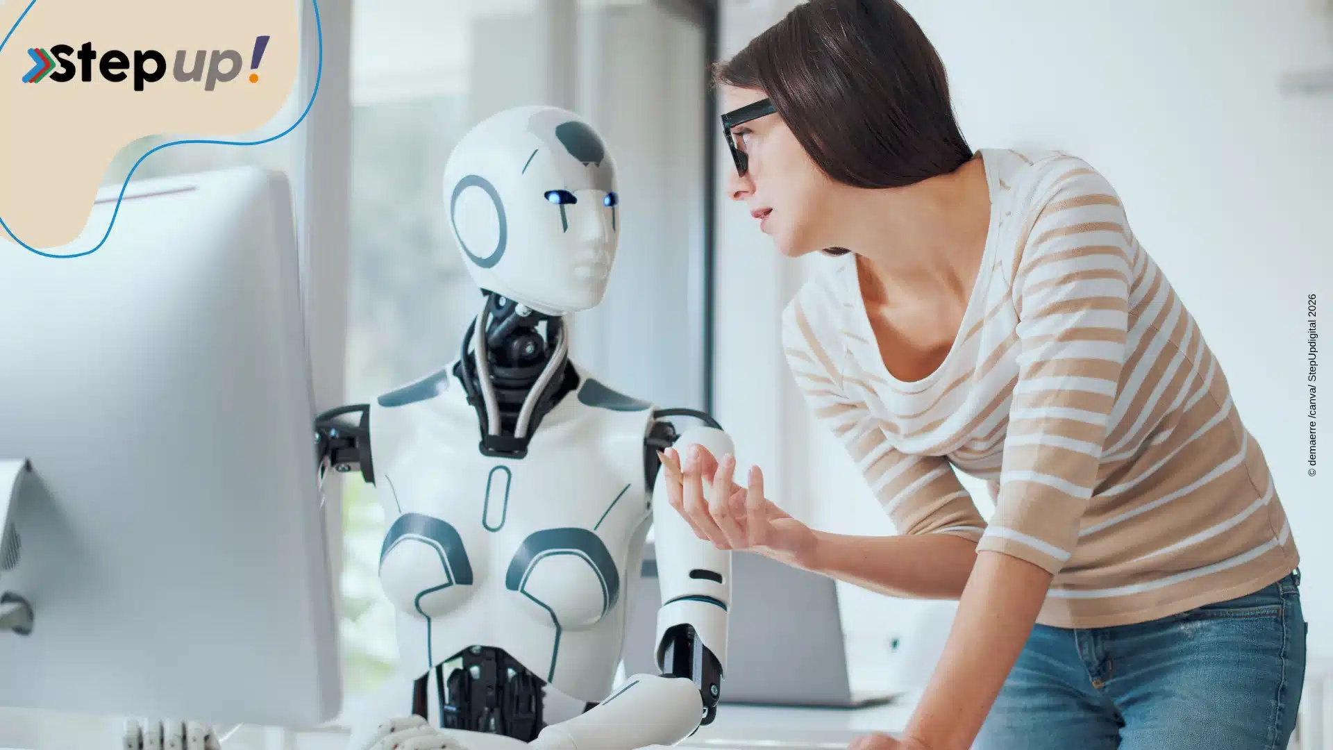 Femme collaborant avec un robot devant un ordinateur en conformite Ai Act